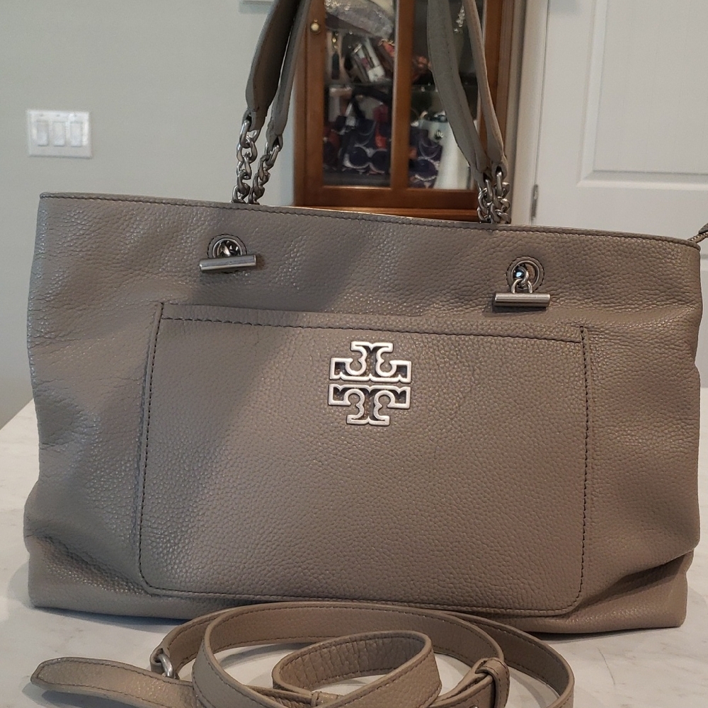 Tory Burch Gray Leather Tote Bag Large Size 13.5"W × 10"H